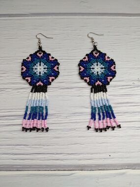 Blue and Pink Seed Bead Fringe Earrings - Women Jewelry